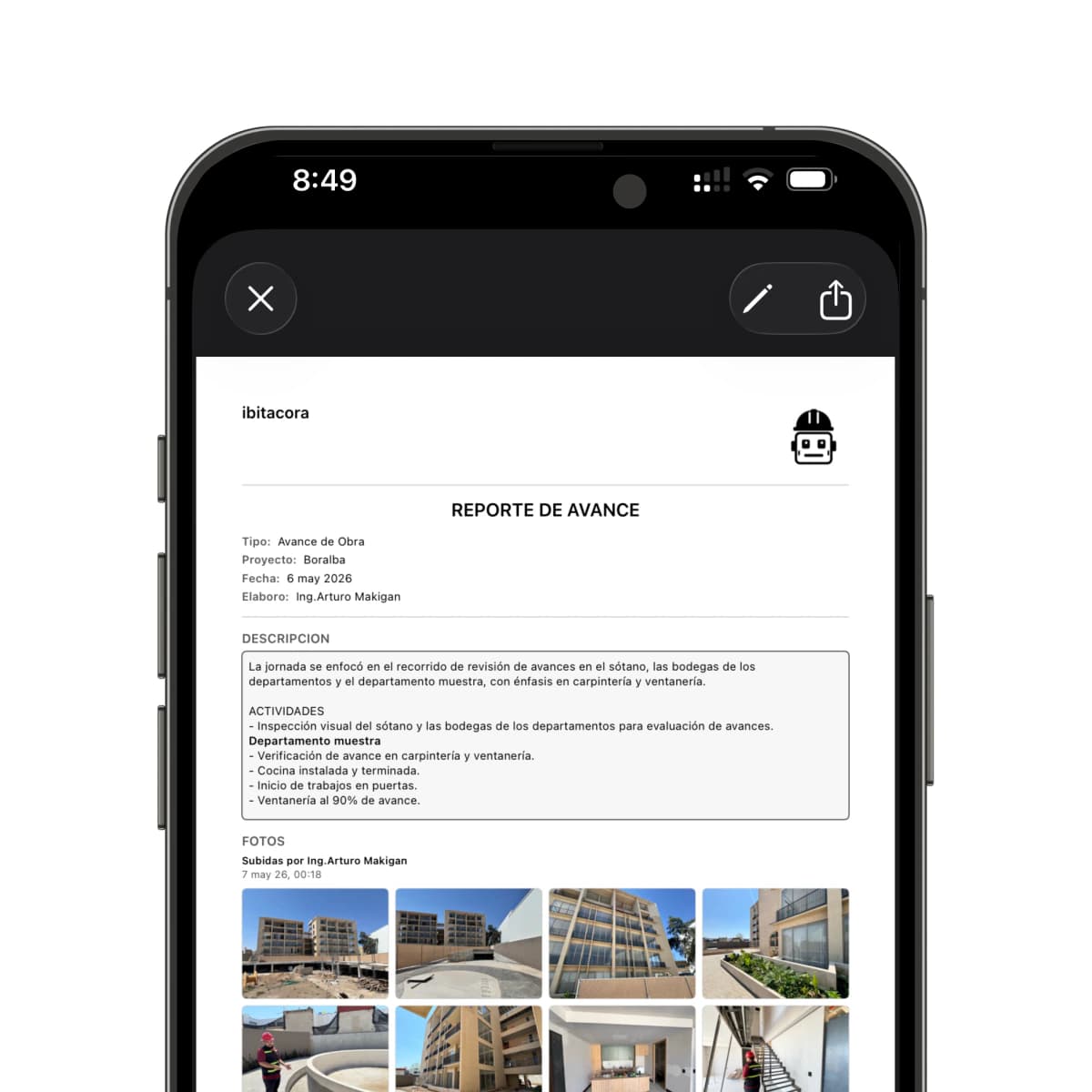 Bitácora de obra digital con fotografías de avance