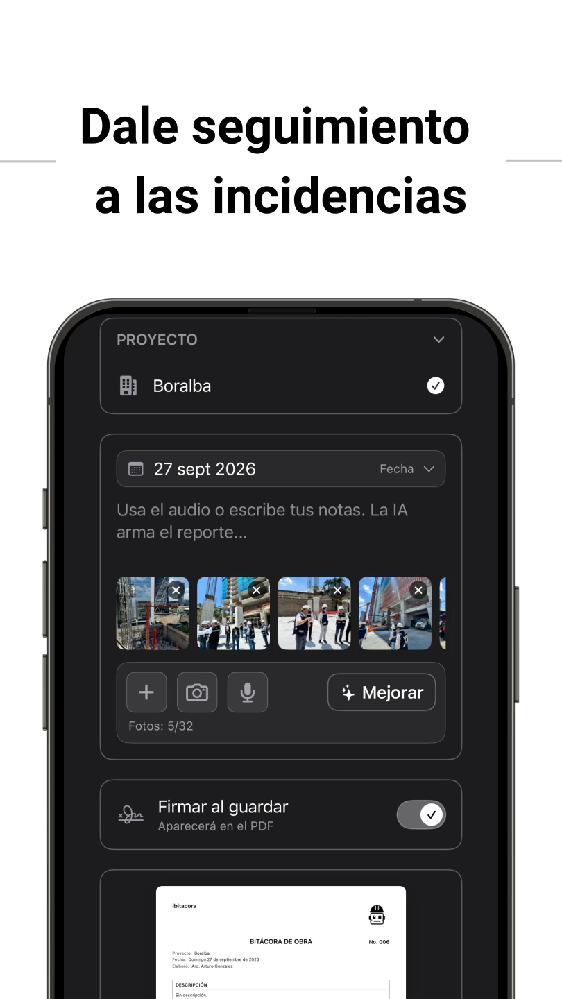 App para registrar y dar seguimiento a incidencias de obra con fotos, notas de voz e IA